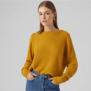 Rw&CO Mustard Cable Knit Boat Neck Sweater
